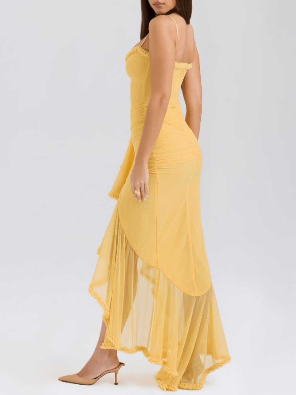 Elegant dress with pleated detail in apricot with frill finish in the front