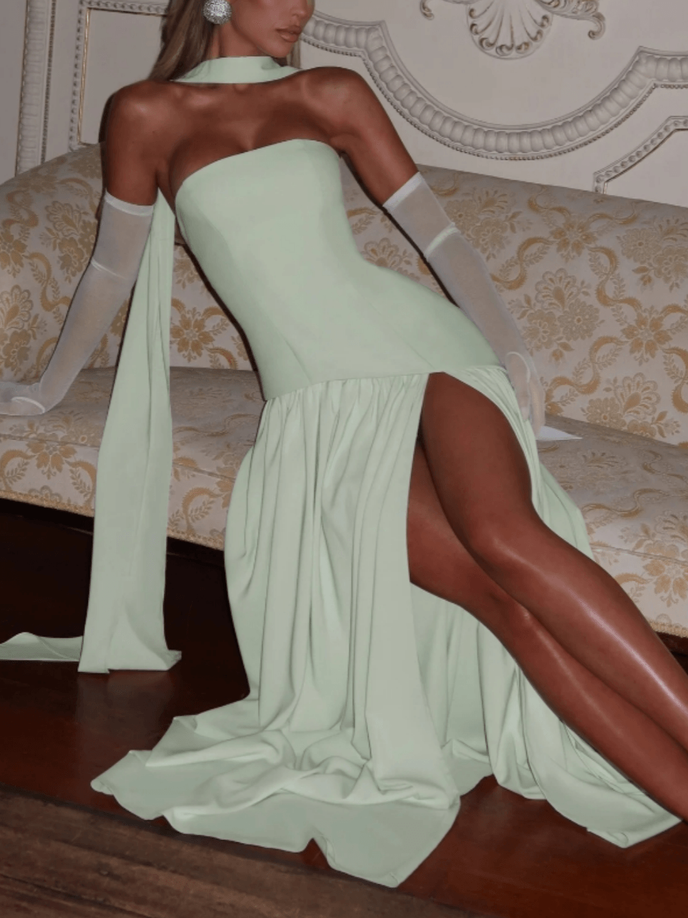 Elegant Mint Green Patchwork Strapless Maxi Dress