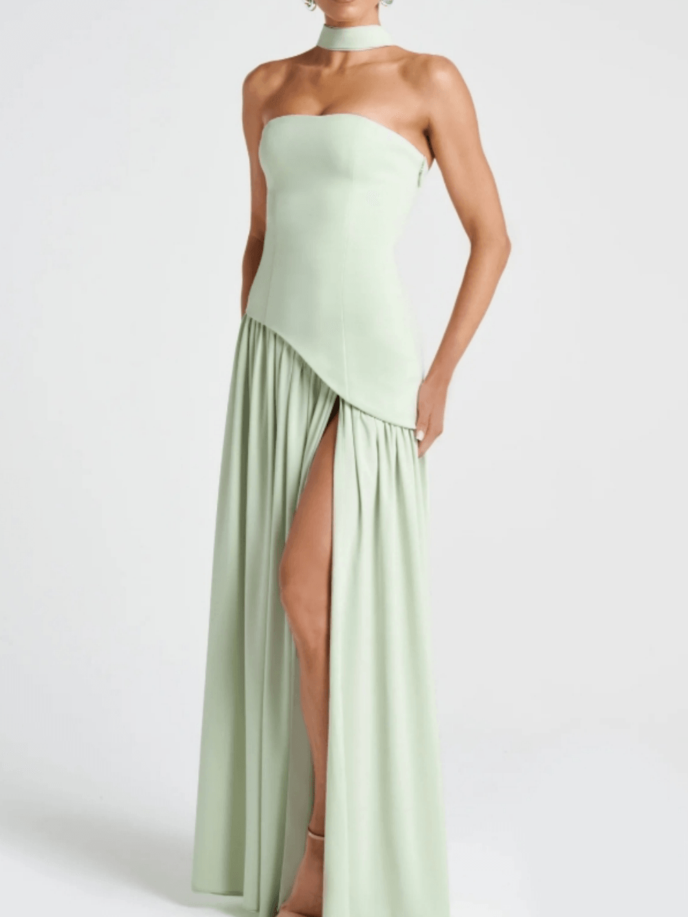 Elegant Mint Green Patchwork Strapless Maxi Dress
