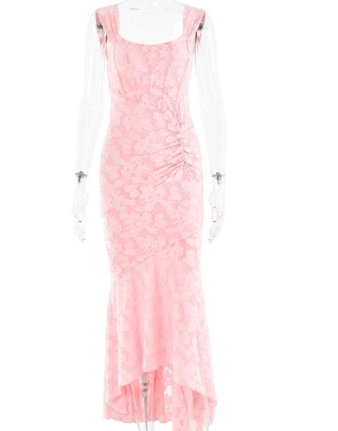 Light Pink Floral Maxi Dress with Bell Neckline