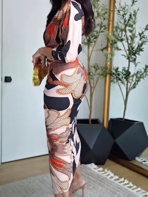 Long Vintage Baroque Dress with Long Sleeves, Deep V Neckline, and Slim Fit