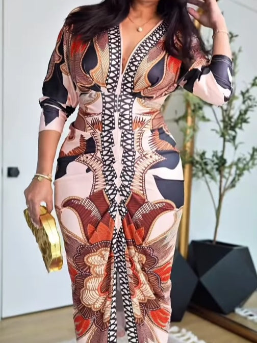 Long Vintage Baroque Dress with Long Sleeves, Deep V Neckline, and Slim Fit