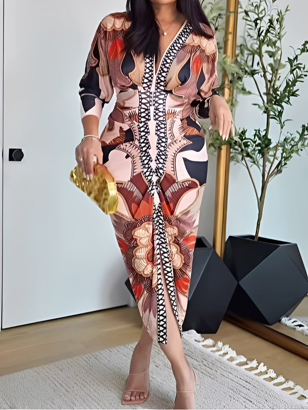 Long Vintage Baroque Dress with Long Sleeves, Deep V Neckline, and Slim Fit