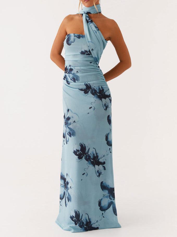 Elegant Long Maxi Dress with Floral Print and Deep V Neckline