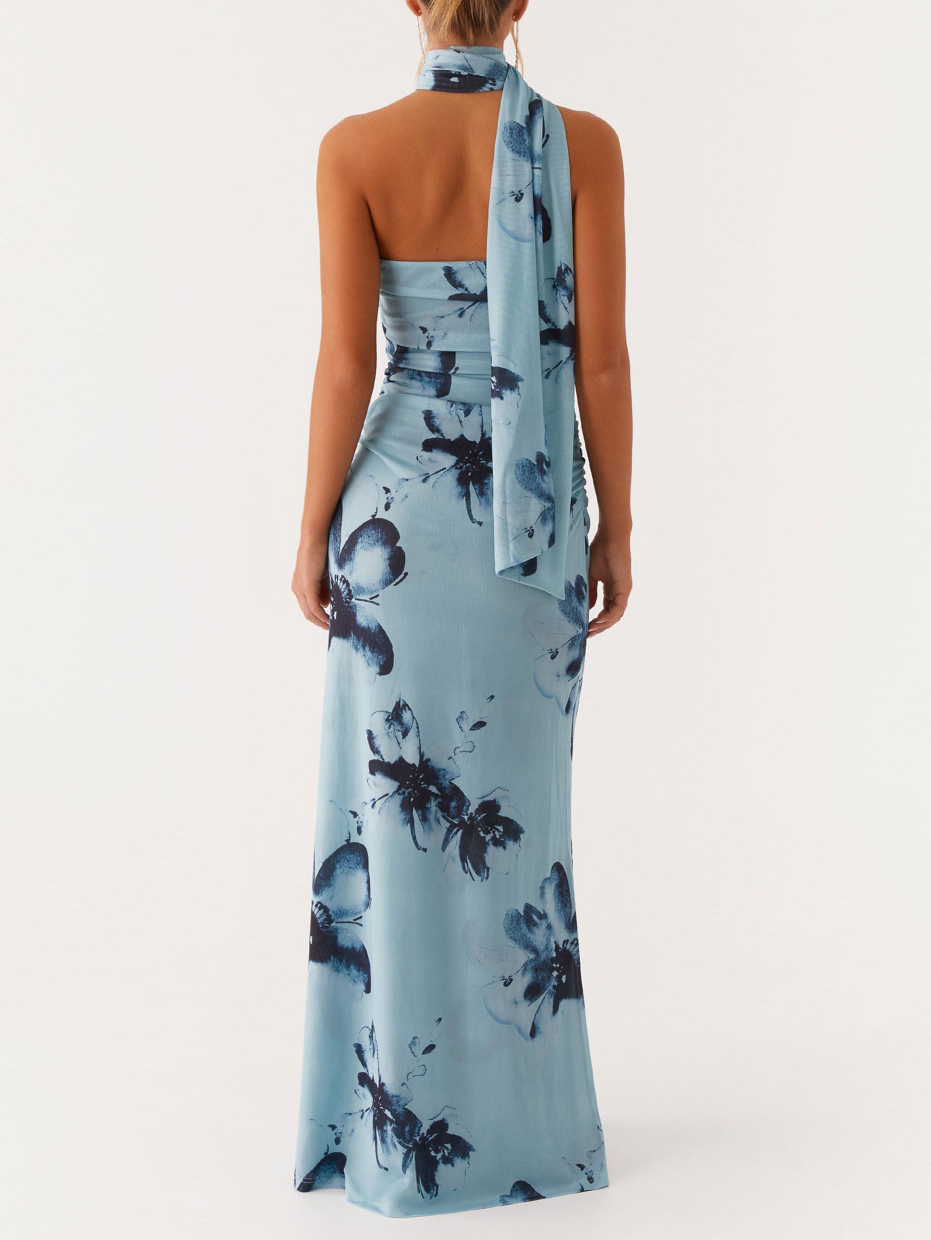 Elegant Long Maxi Dress with Floral Print and Deep V Neckline