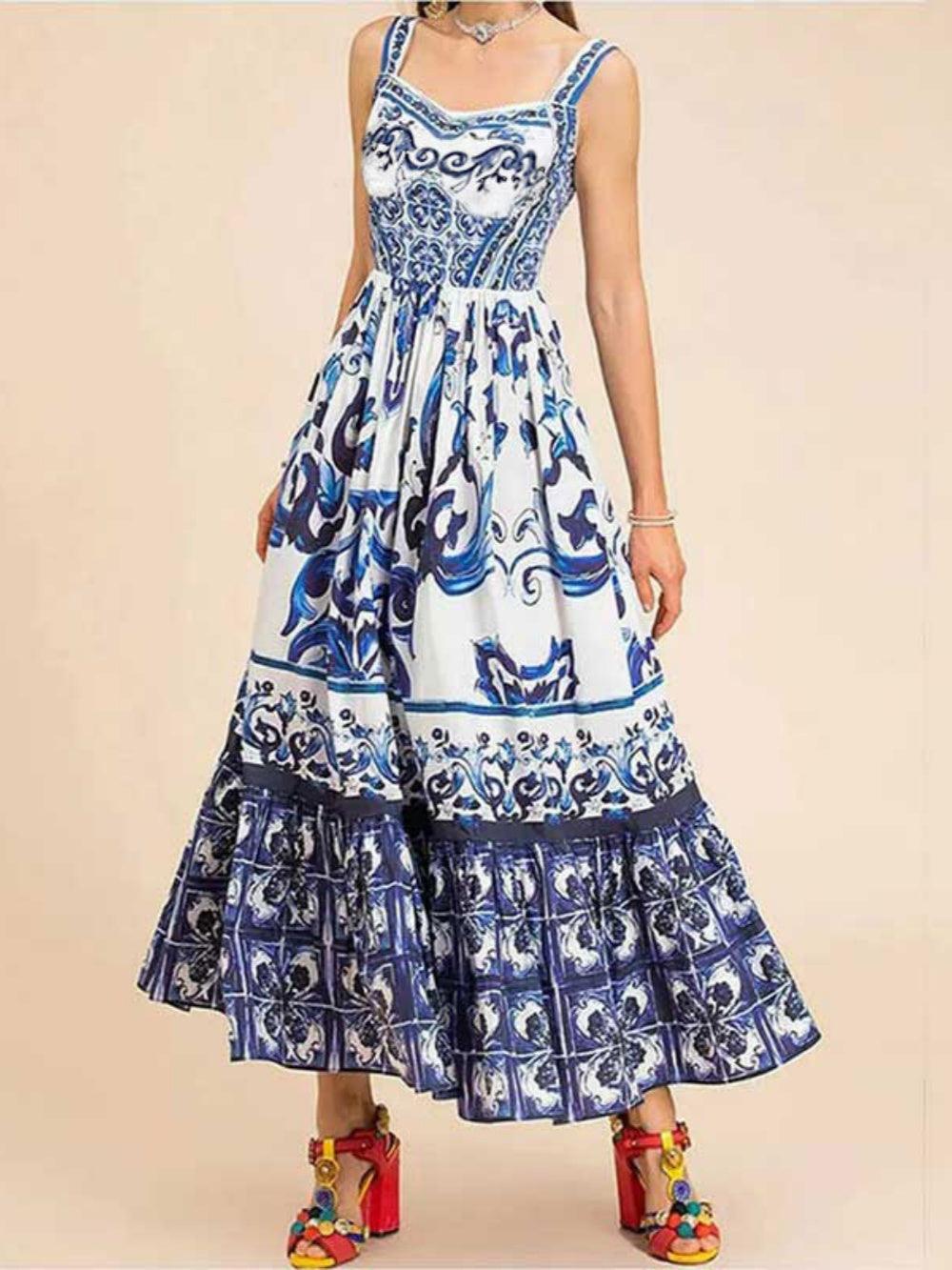 Elegant Printed Pleated Maxi Spaghetti Strap Dress