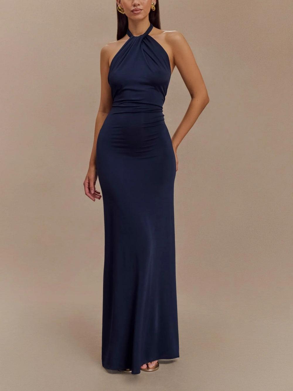Elegant Navy Slinky Halter Maxi Dress for a Stunning Look