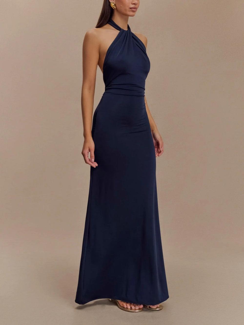 Elegant Navy Slinky Halter Maxi Dress for a Stunning Look