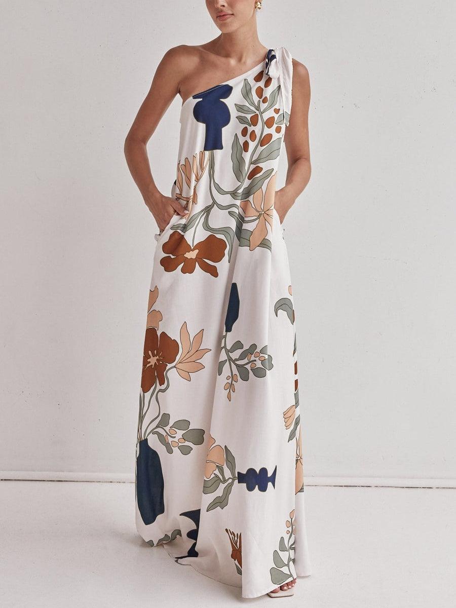 Elegant one-shoulder maxi dress with printed design