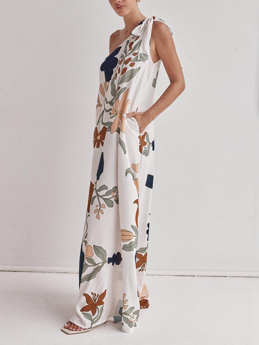 Elegant one-shoulder maxi dress with printed design