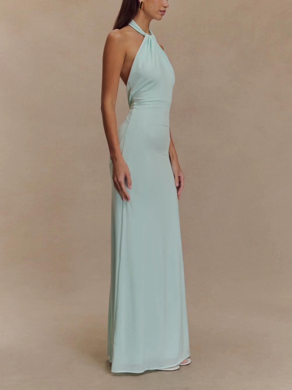 Elegant Slinky Halter Maxi Dress in Lagoon Color
