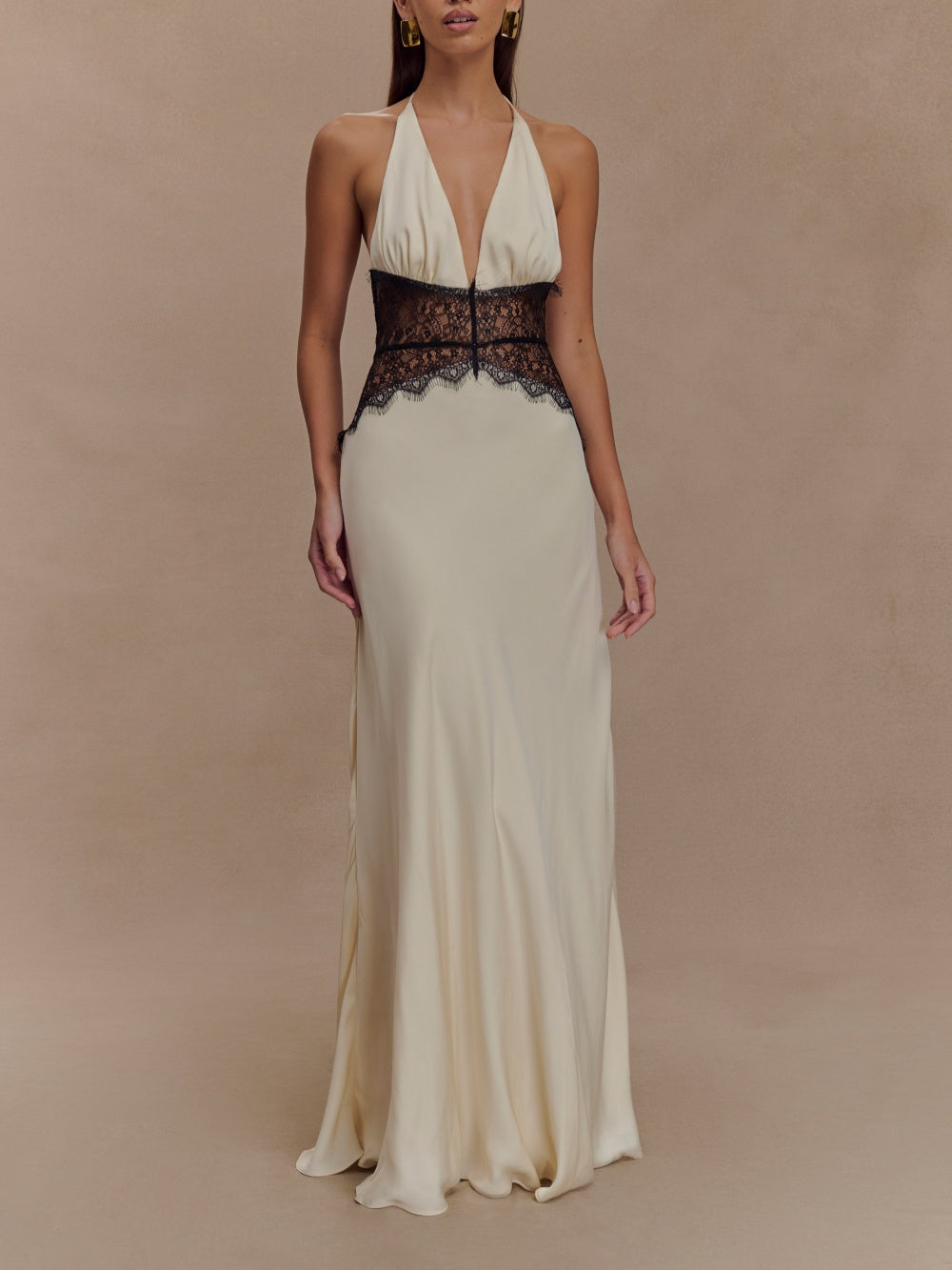 Elegant Deep V Silk Satin Maxi Dress with Stylish Halter Neck