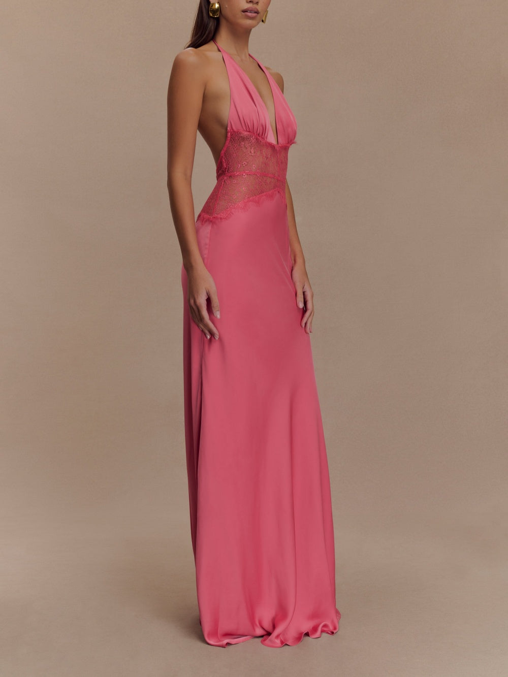 Elegant Deep V Silk Satin Maxi Dress with Stylish Halter Neck