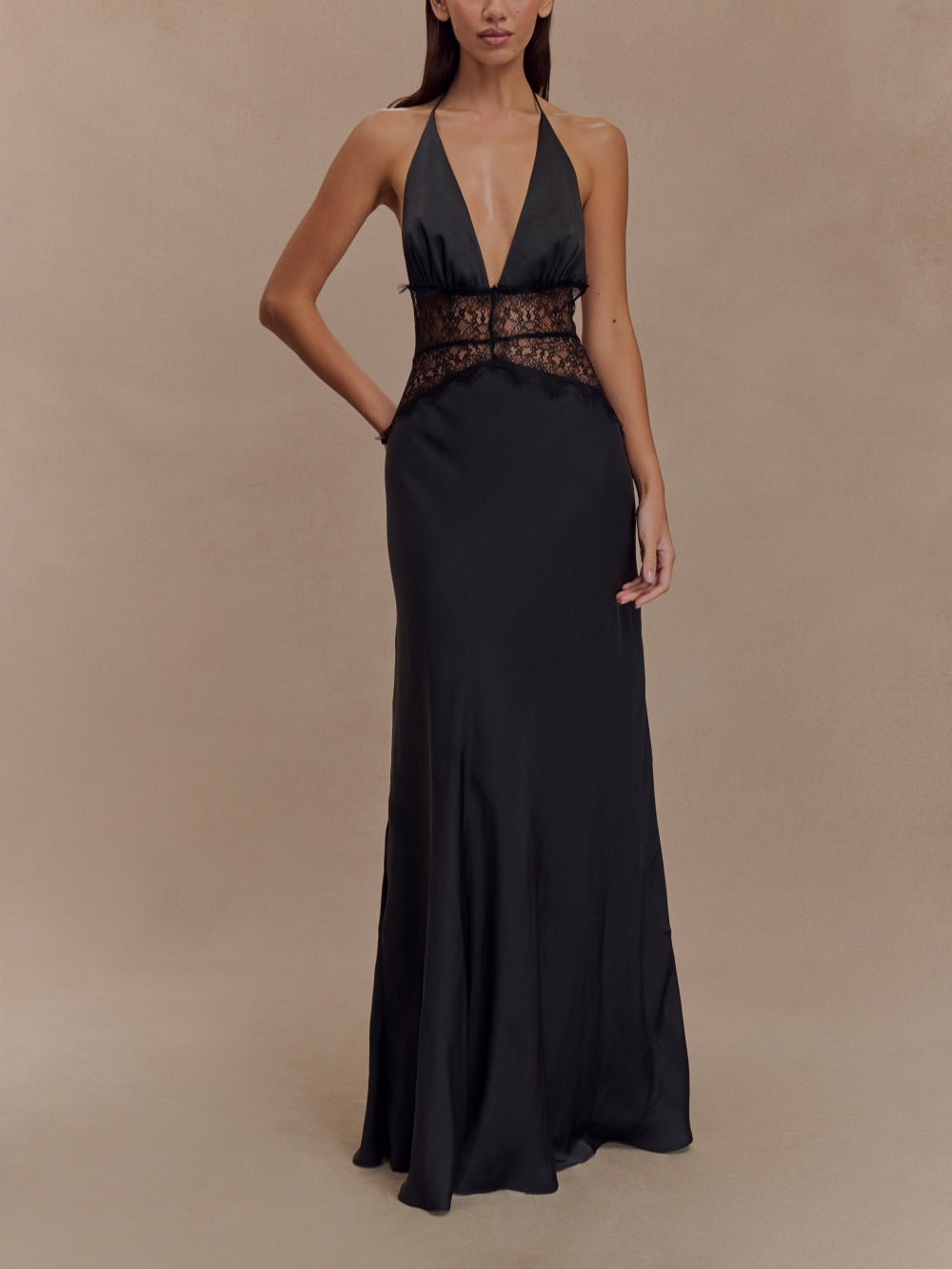 Elegant Deep V Silk Satin Maxi Dress with Stylish Halter Neck