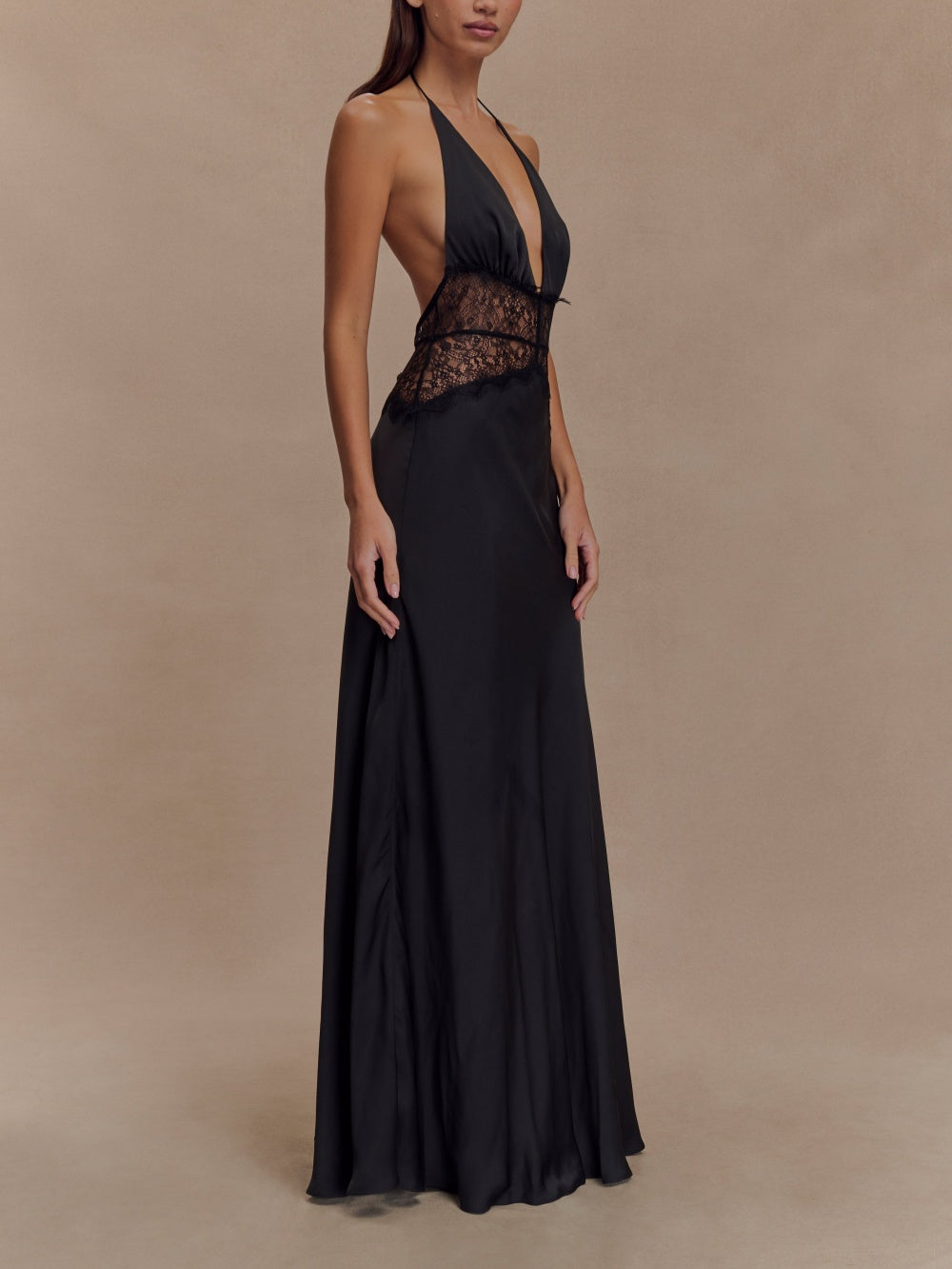 Elegant Deep V Silk Satin Maxi Dress with Stylish Halter Neck