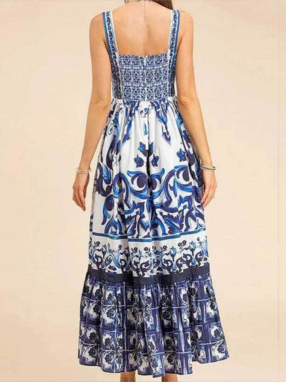 Elegant Printed Pleated Maxi Spaghetti Strap Dress