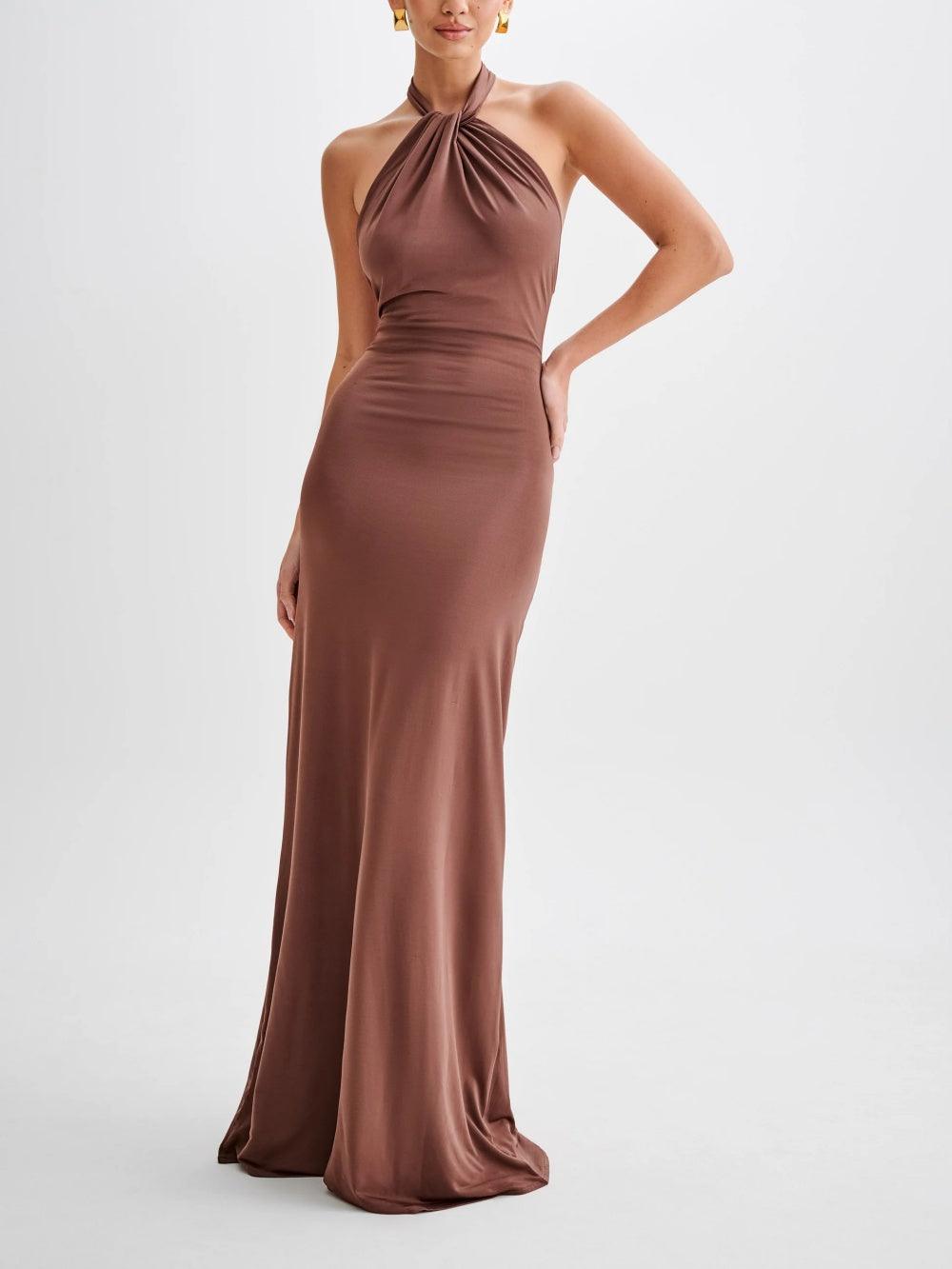 Elegant Slinky Halter Maxi Dress in Chic Brown