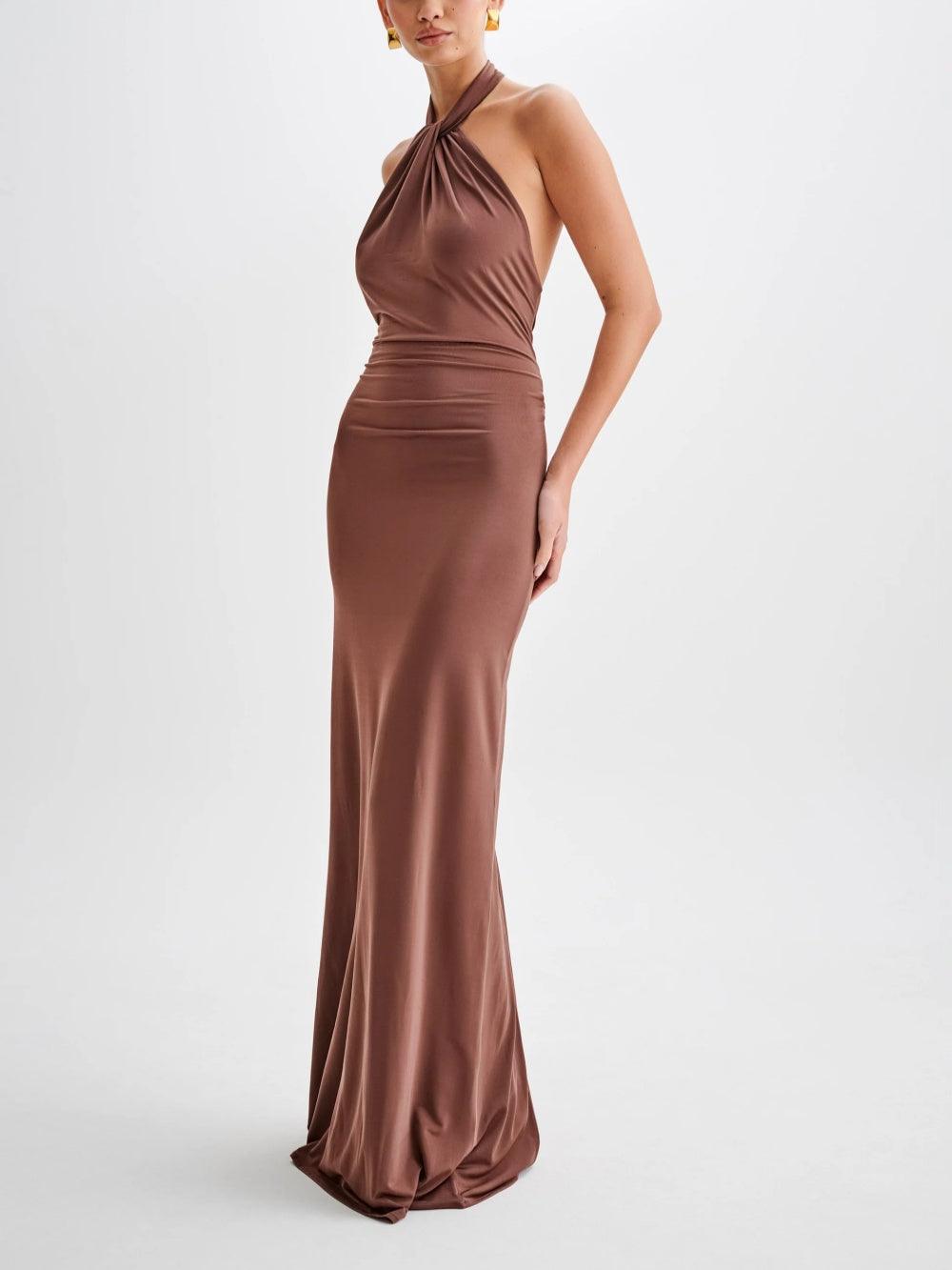 Elegant Slinky Halter Maxi Dress in Chic Brown