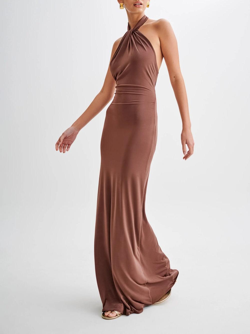 Elegant Slinky Halter Maxi Dress in Chic Brown