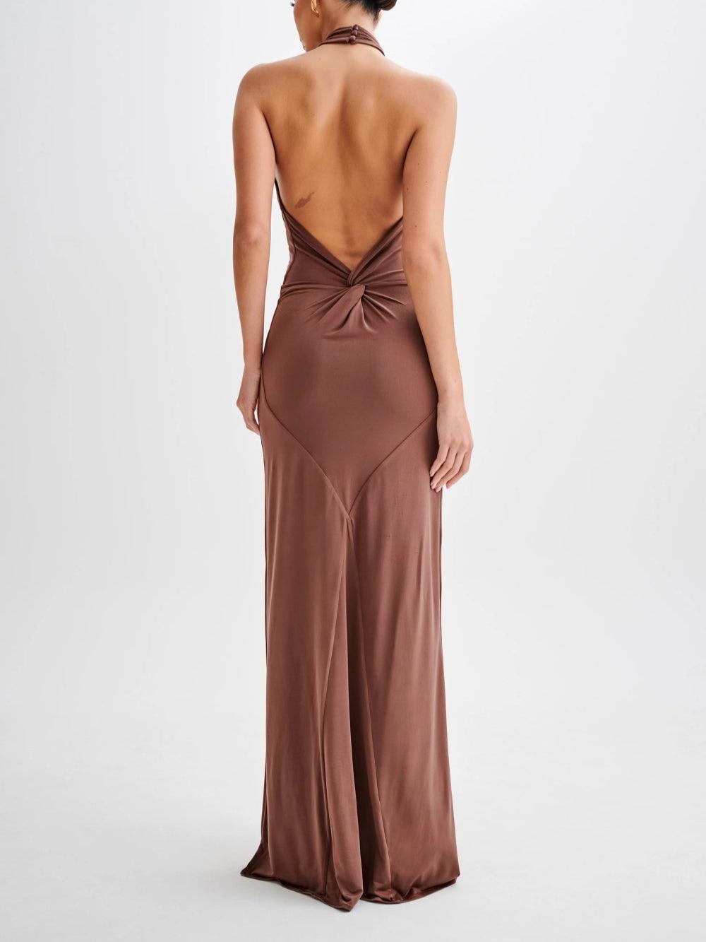 Elegant Slinky Halter Maxi Dress in Chic Brown