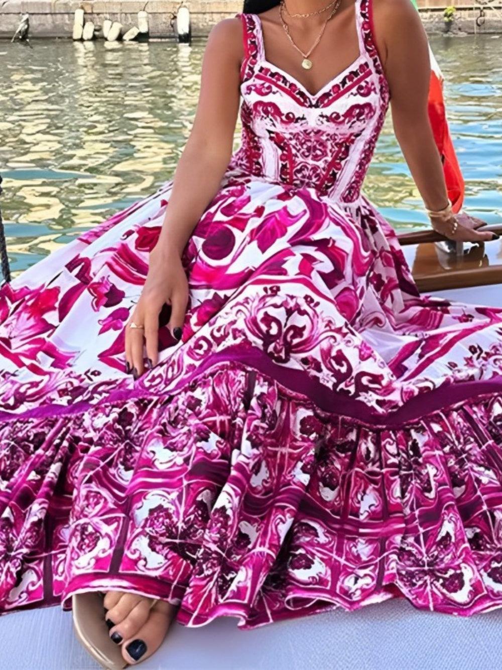 Elegant Printed Pleated Maxi Spaghetti Strap Dress