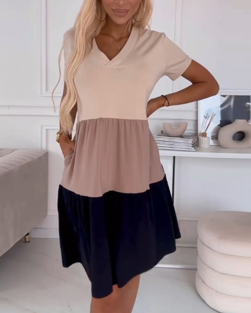 Color-Block Short-Sleeve Casual Dress