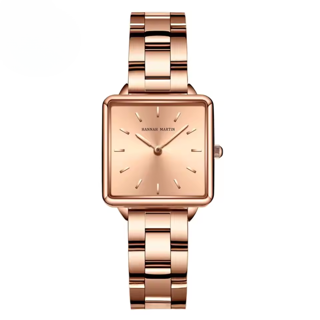 Square Quartz Watch in Stainless Steel with Elegant Rose Gold Case