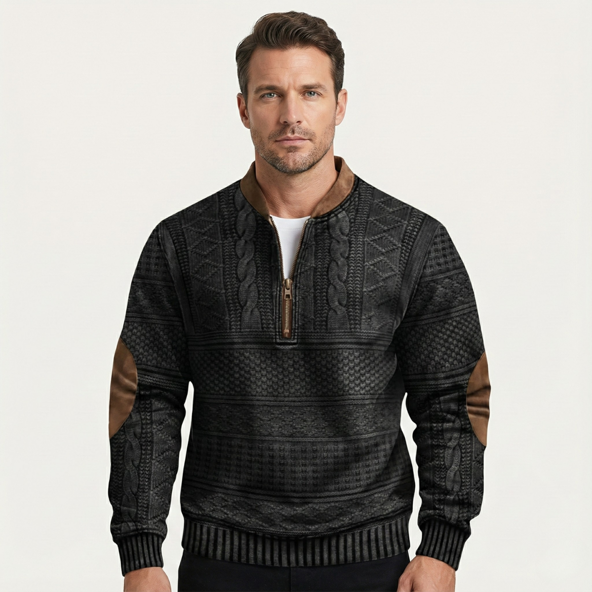Siena Men's Casual Patterned Half-Zip Sweater with Elbow Patches – Modern Style, Everyday Comfort