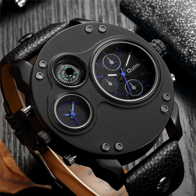 Black leather chronograph watch with dual time zones