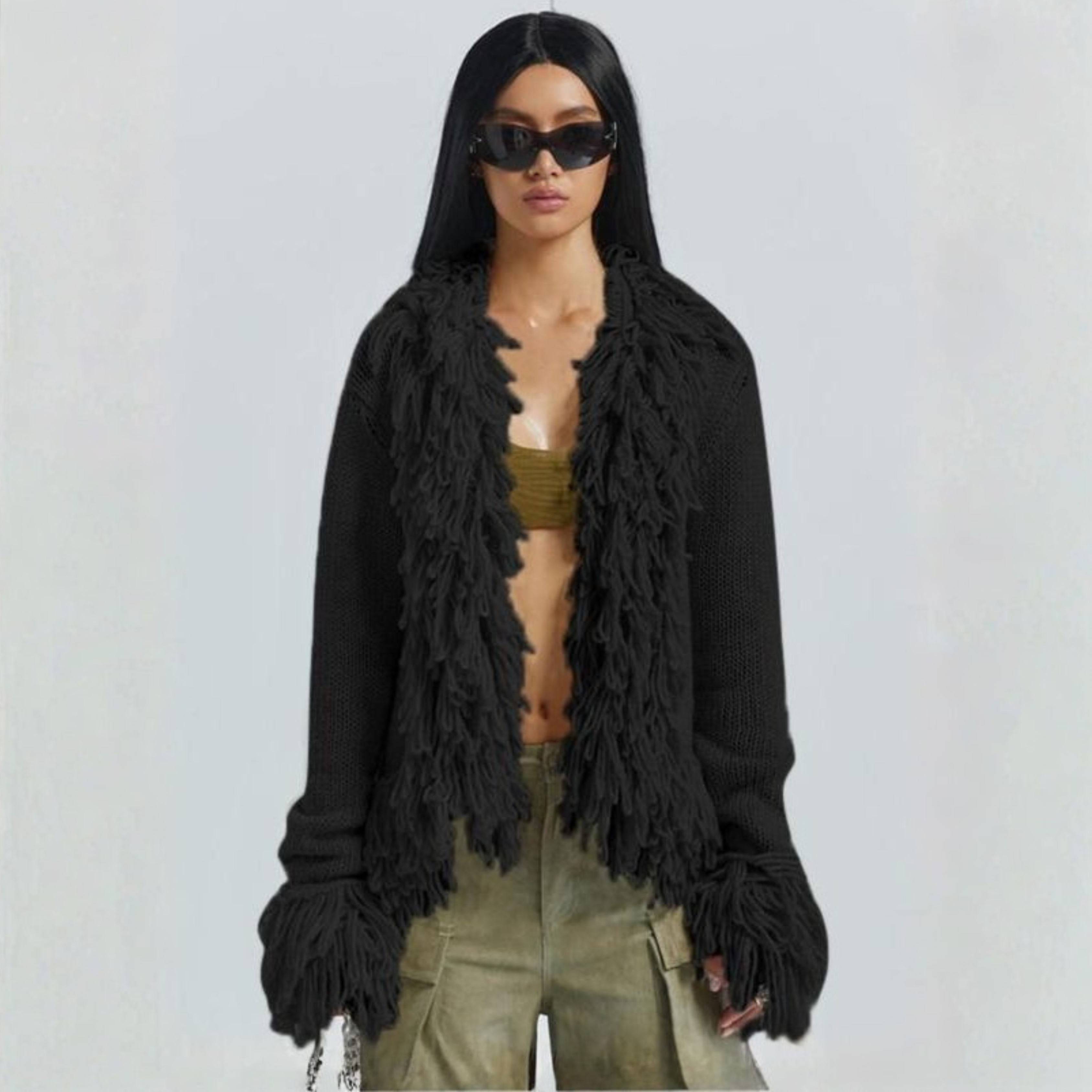 Fringed Chic: Long-Sleeve Open-Front Cardigan