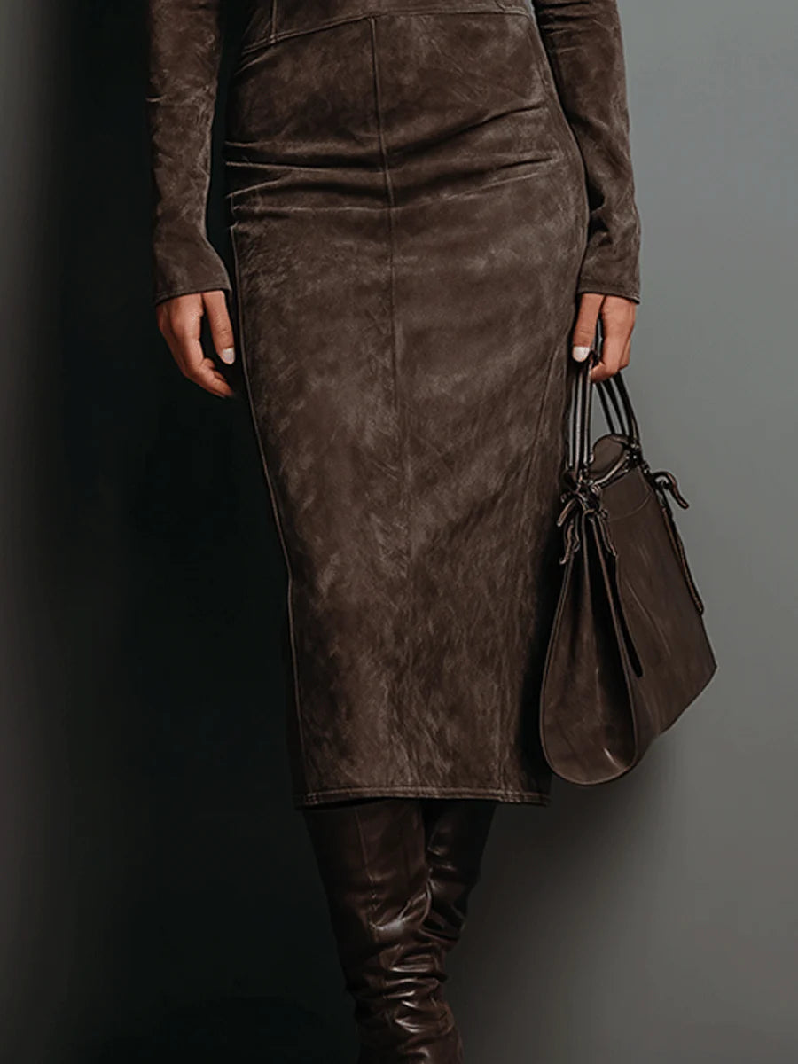 Elegant Midi Suede Dress with High Collar and Long Sleeves
