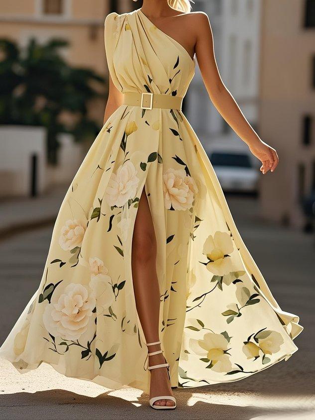 Elegant Light Green Floral One-Shoulder Ruched A-Line Maxi Dress in Chiffon