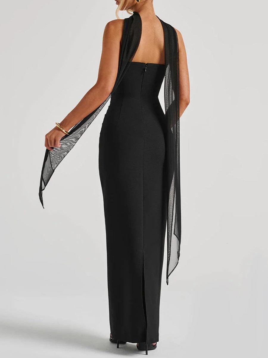 Long Black Dress with Belted Waist for Elegant and Feminine Look