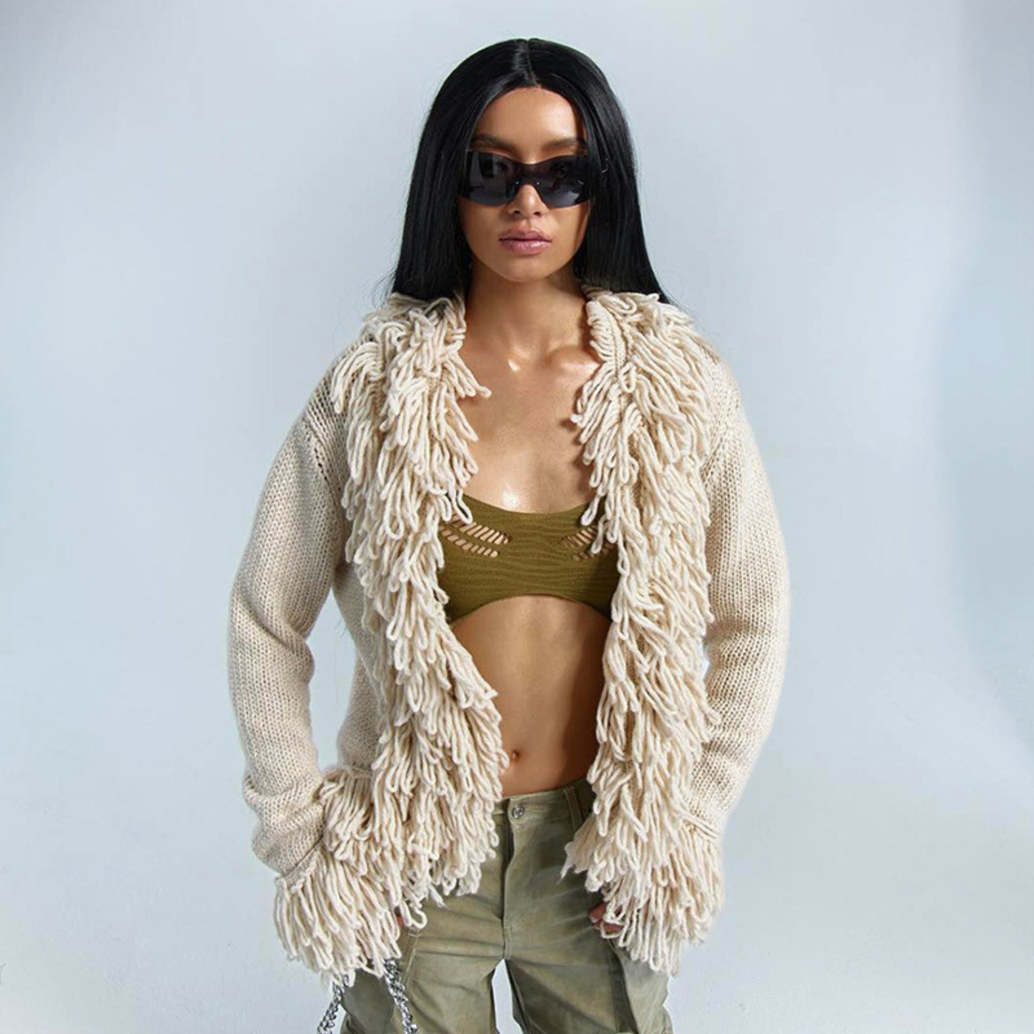 Fringed Chic: Long-Sleeve Open-Front Cardigan