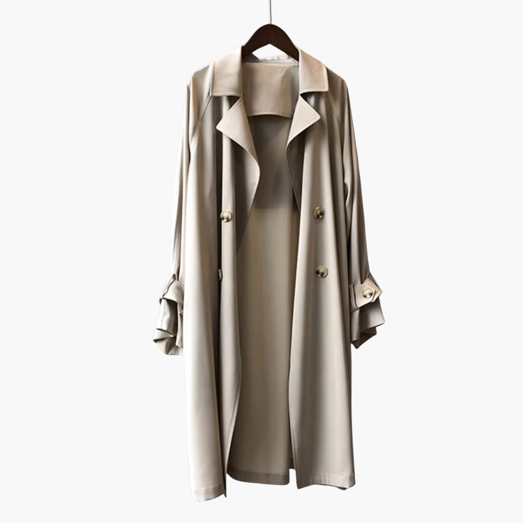 Elegant women's trench coat with a lapel collar and double-button closure