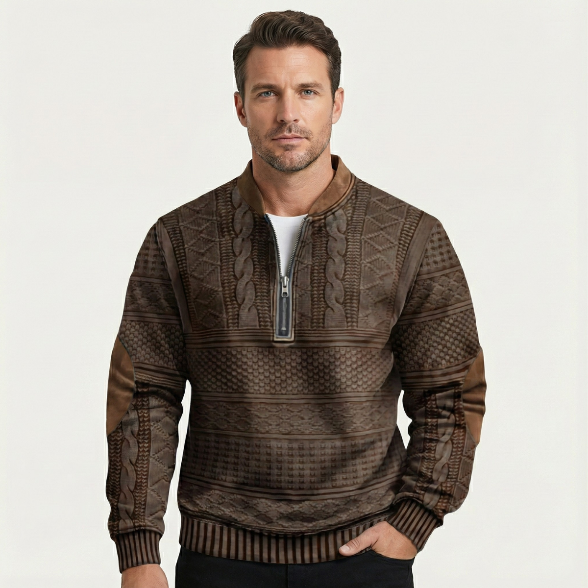 Siena Men's Casual Patterned Half-Zip Sweater with Elbow Patches – Modern Style, Everyday Comfort