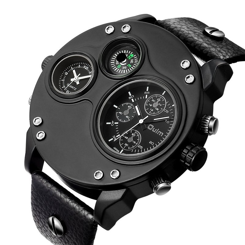 Black leather chronograph watch with dual time zones