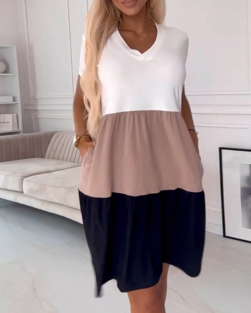 Color-Block Short-Sleeve Casual Dress