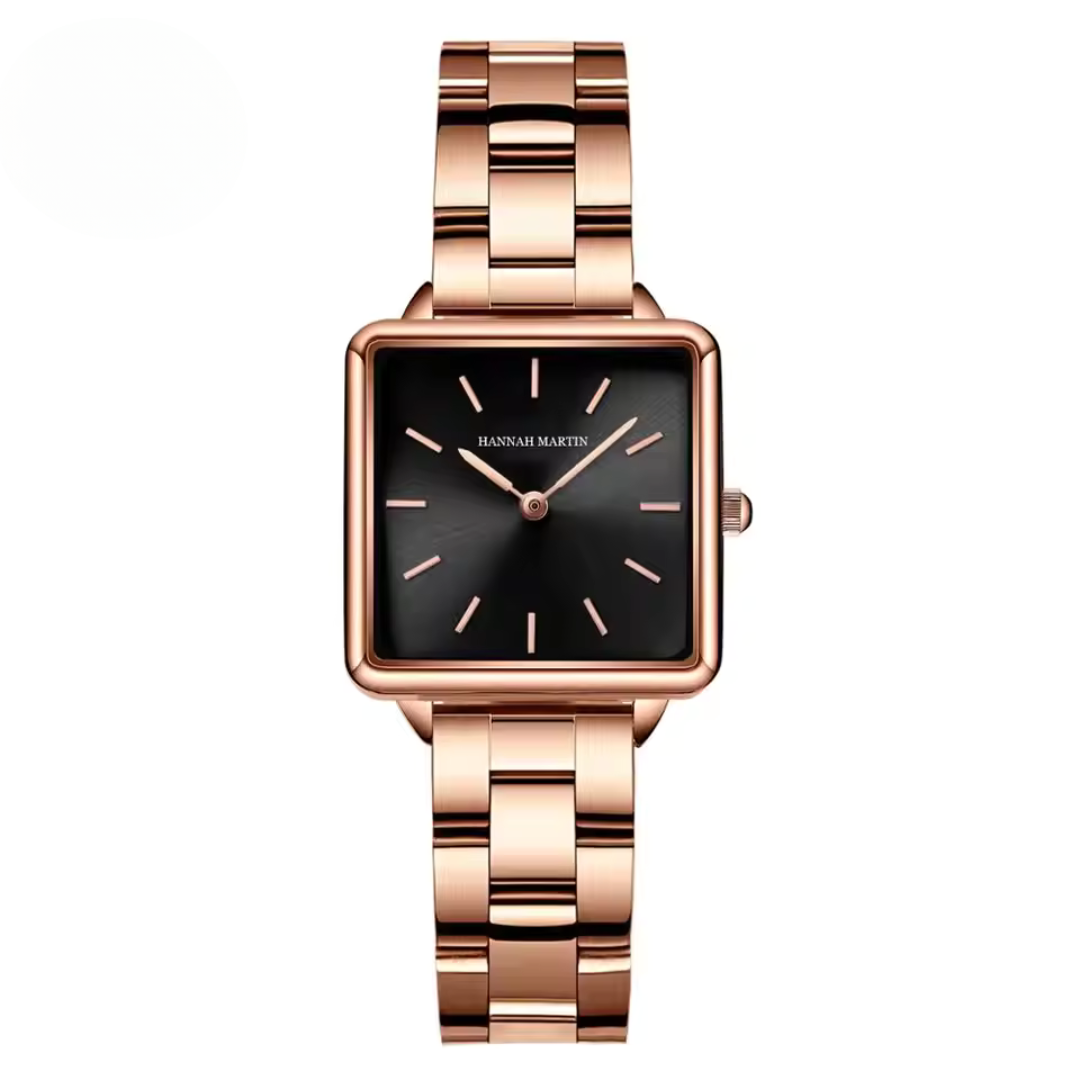 Square Quartz Watch in Stainless Steel with Elegant Rose Gold Case