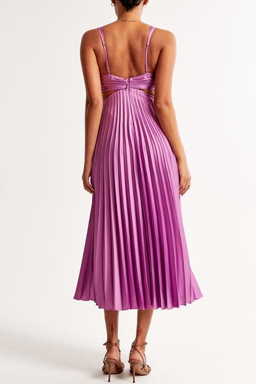 Maxi dress with V-neckline, cut-out waist, and sleeveless pleated design