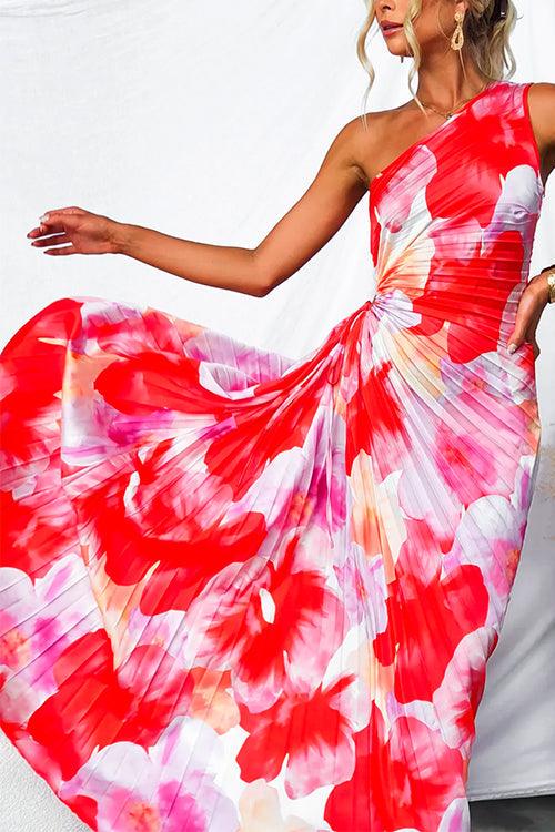 Asymmetrical sleeveless printed and pleated long dress for a unique style