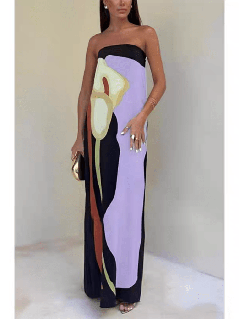 Sleeveless Strapless Color Block Pattern Long Dress Perfect for Your Parties