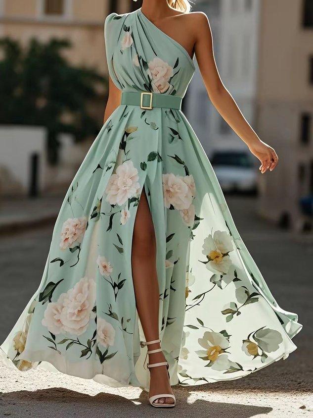 Elegant Light Green Floral One-Shoulder Ruched A-Line Maxi Dress in Chiffon
