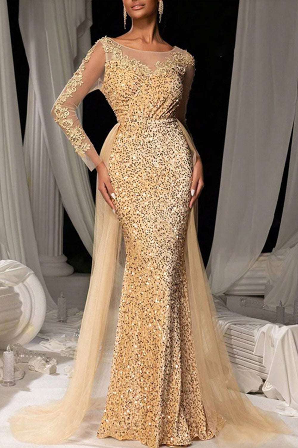 Long evening gown in dark brown sequin lace with a tulle overskirt mermaid maxi style