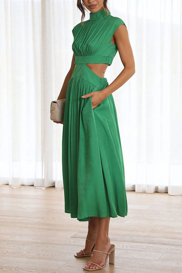 Chic Midi Dress with Cut-Out Details and Handy Pockets