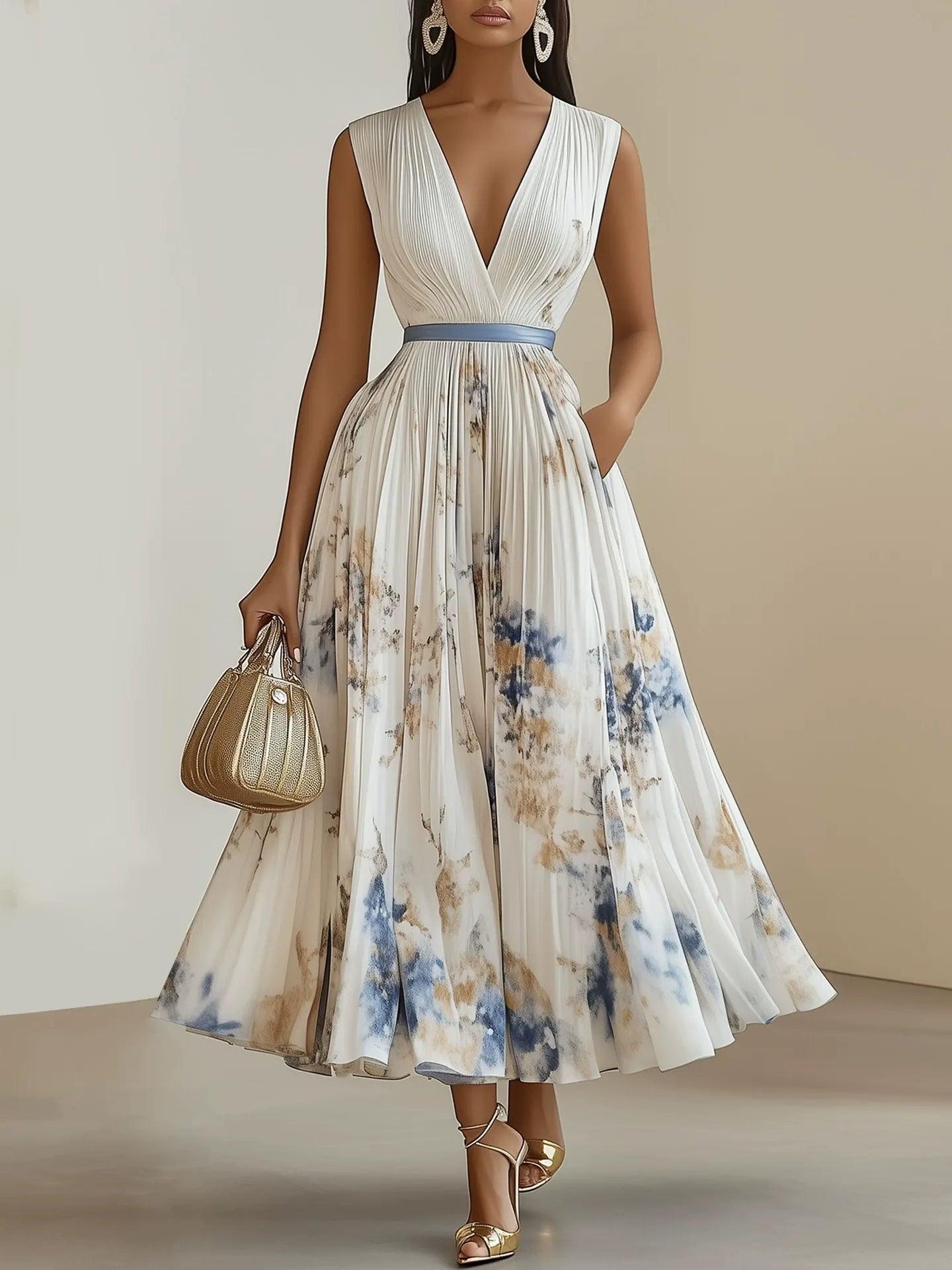 Elegant Summer Long Mid-Thigh Dress V-Neck Sleeveless with Floral Pleats in White Chiffon New