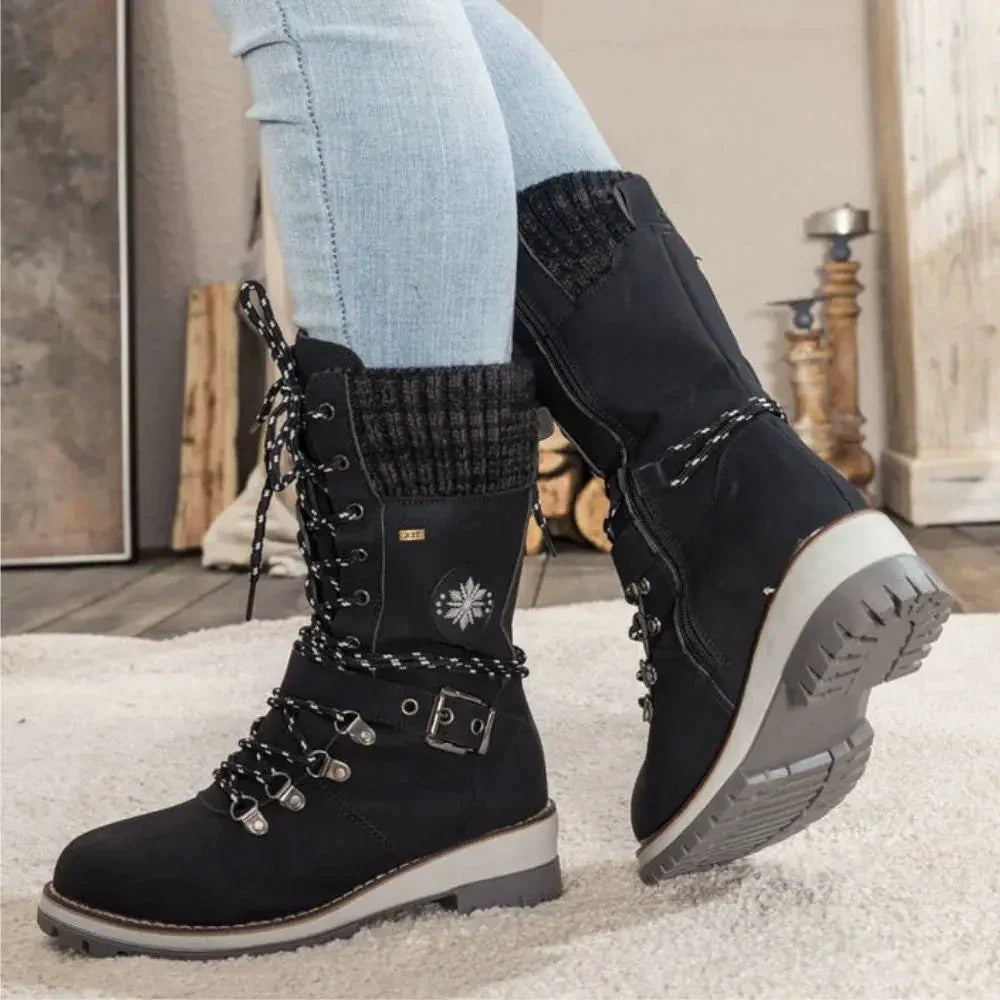 Women's Winter Lace-Up Snow Boots with Cozy Knit Cuff, Buckle Detail & Anti-Slip Sole