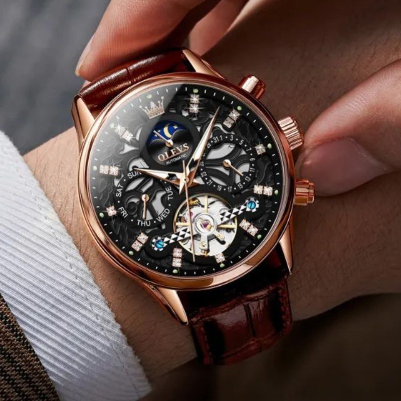 Elegant Automatic Mechanical Watch with Leather Strap