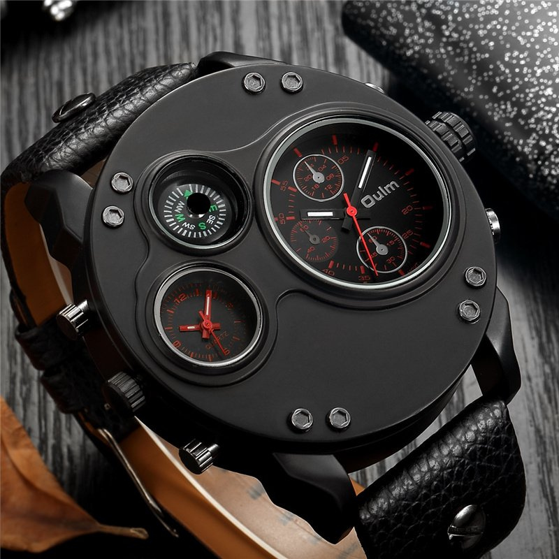 Black leather chronograph watch with dual time zones