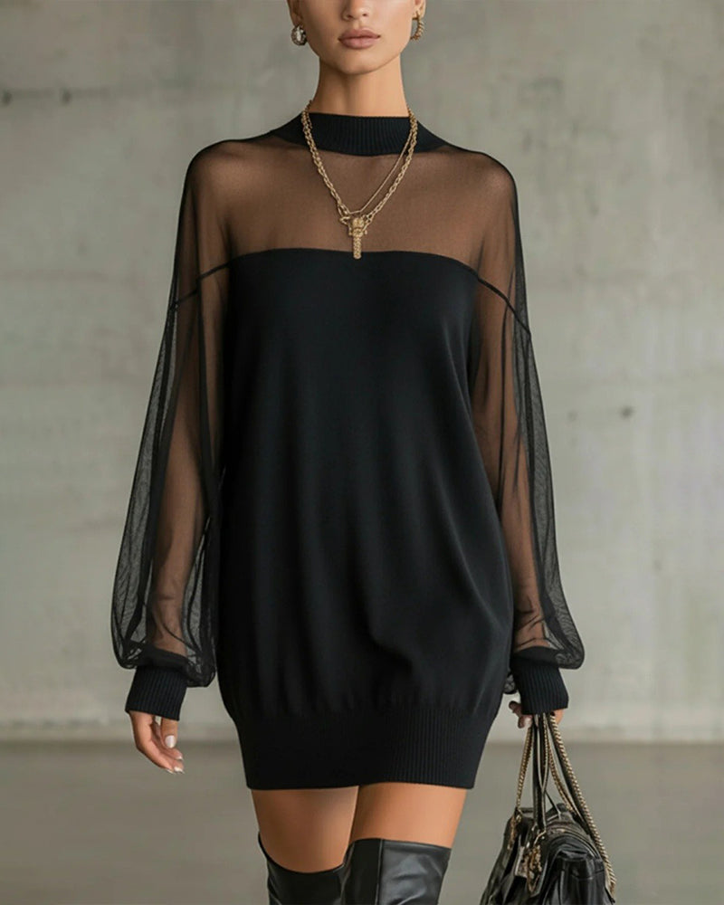 Chic Solid-Color Patchwork Dress with Lantern Sleeves